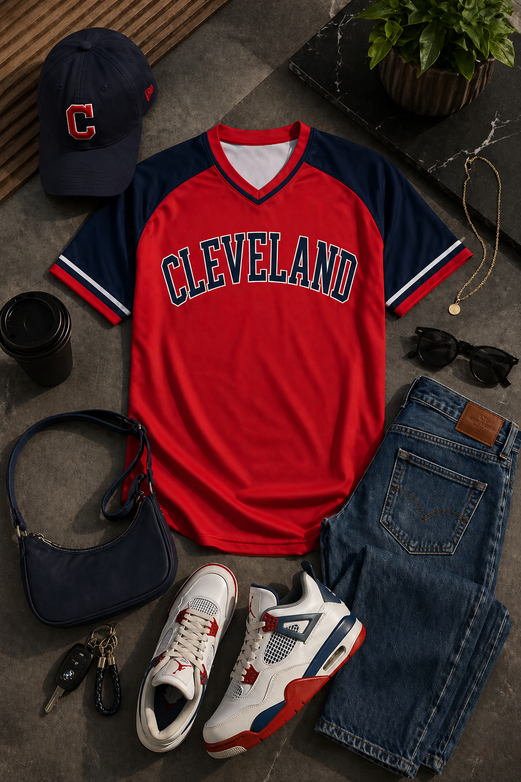 Red and navy Cleveland jersey with jeans, sneakers, and accessories on a dark surface.