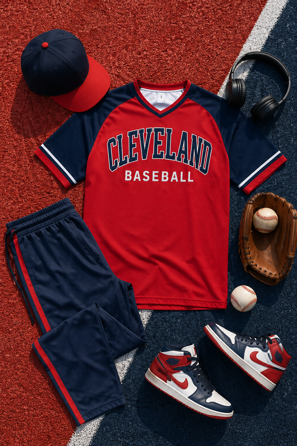 Cleveland baseball-themed outfit with jersey, cap, shorts, shoes, and sports equipment on a baseball field background.