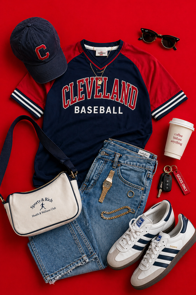 Cleveland baseball-themed outfit with shirt, cap, jeans, shoes, and accessories on a red background