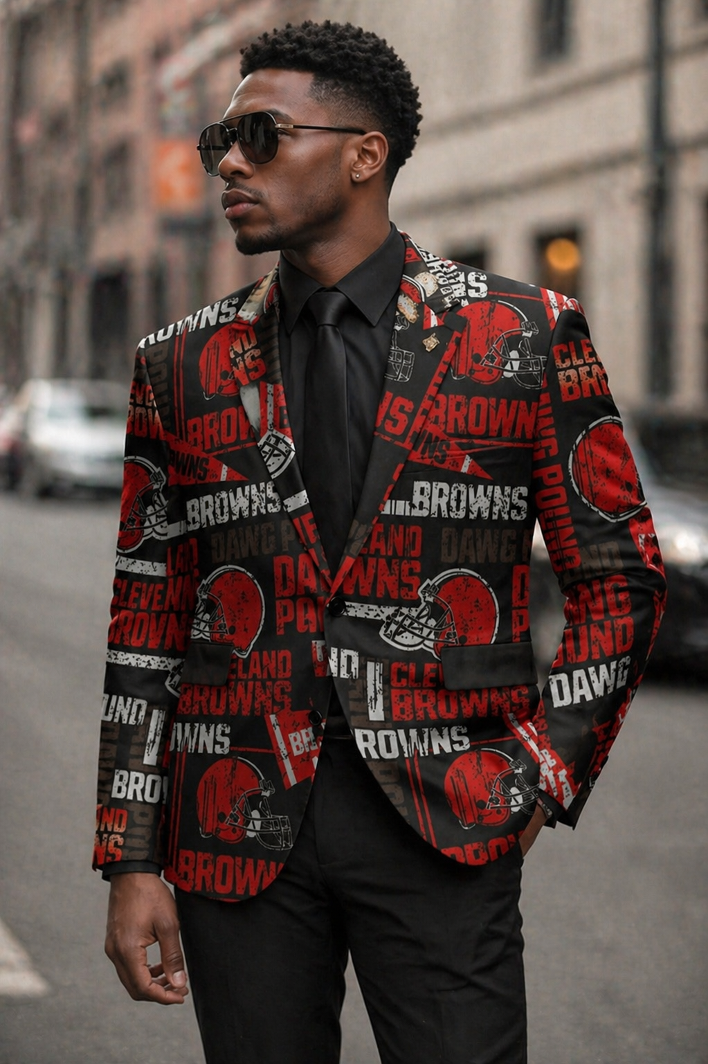 Man wearing a Cleveland Browns-themed blazer on a city street