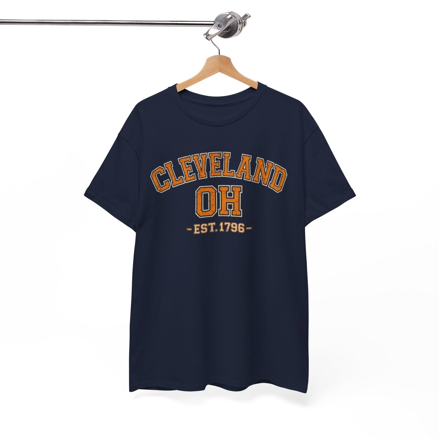 Navy blue t-shirt with 'Cleveland OH EST. 1796' text on a hanger against a white background