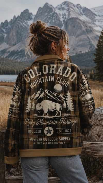 Person wearing a 'Colorado Mountain Club' jacket in a mountainous landscape