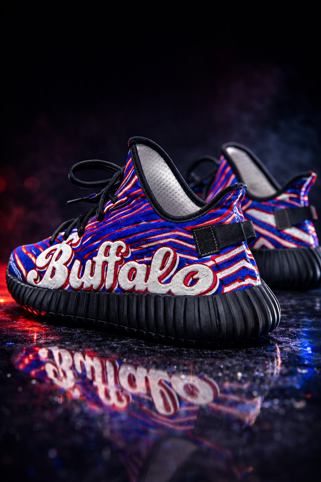 Colorful sneakers with 'Buffalo' branding on a reflective surface