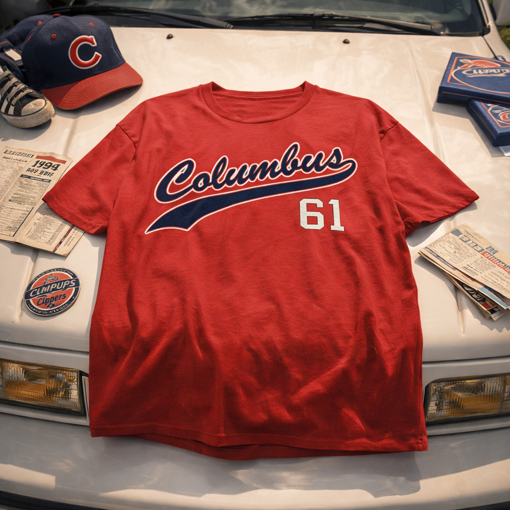 Red t-shirt with 'Columbus 61' printed on it, placed on a car hood.