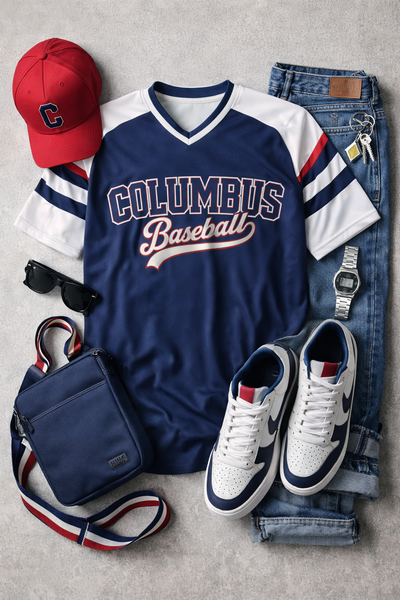 Columbus baseball-themed outfit with jersey, jeans, sneakers, and accessories on a gray surface.