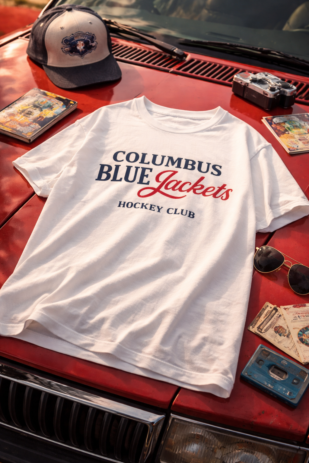 White t-shirt with 'Columbus Blue Jackets Hockey Club' text on a red car hood.