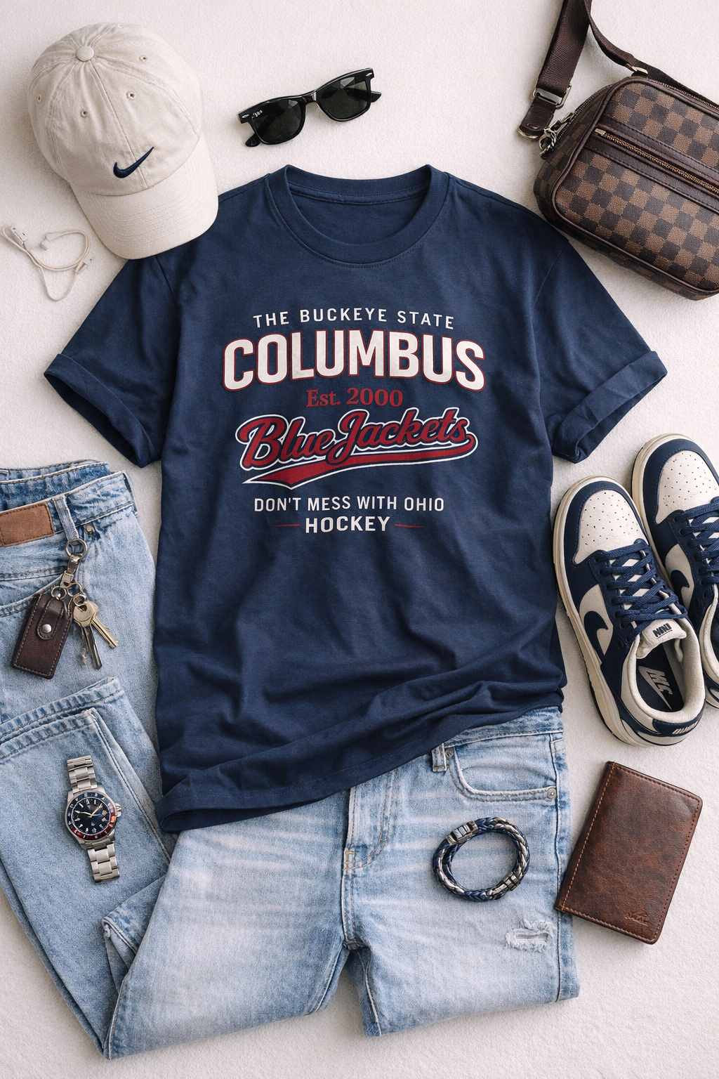 Navy blue t-shirt with sports-themed design, surrounded by casual clothing and accessories on a light surface.