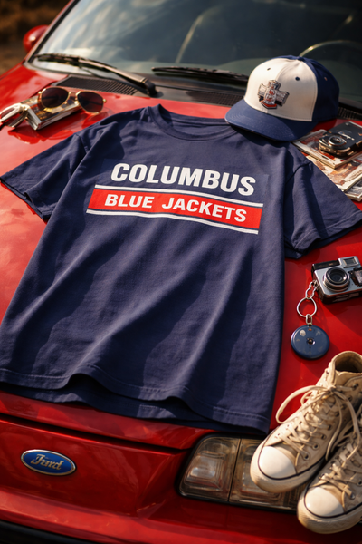 Navy blue t-shirt with 'Columbus Blue Jackets' text on a red car hood.