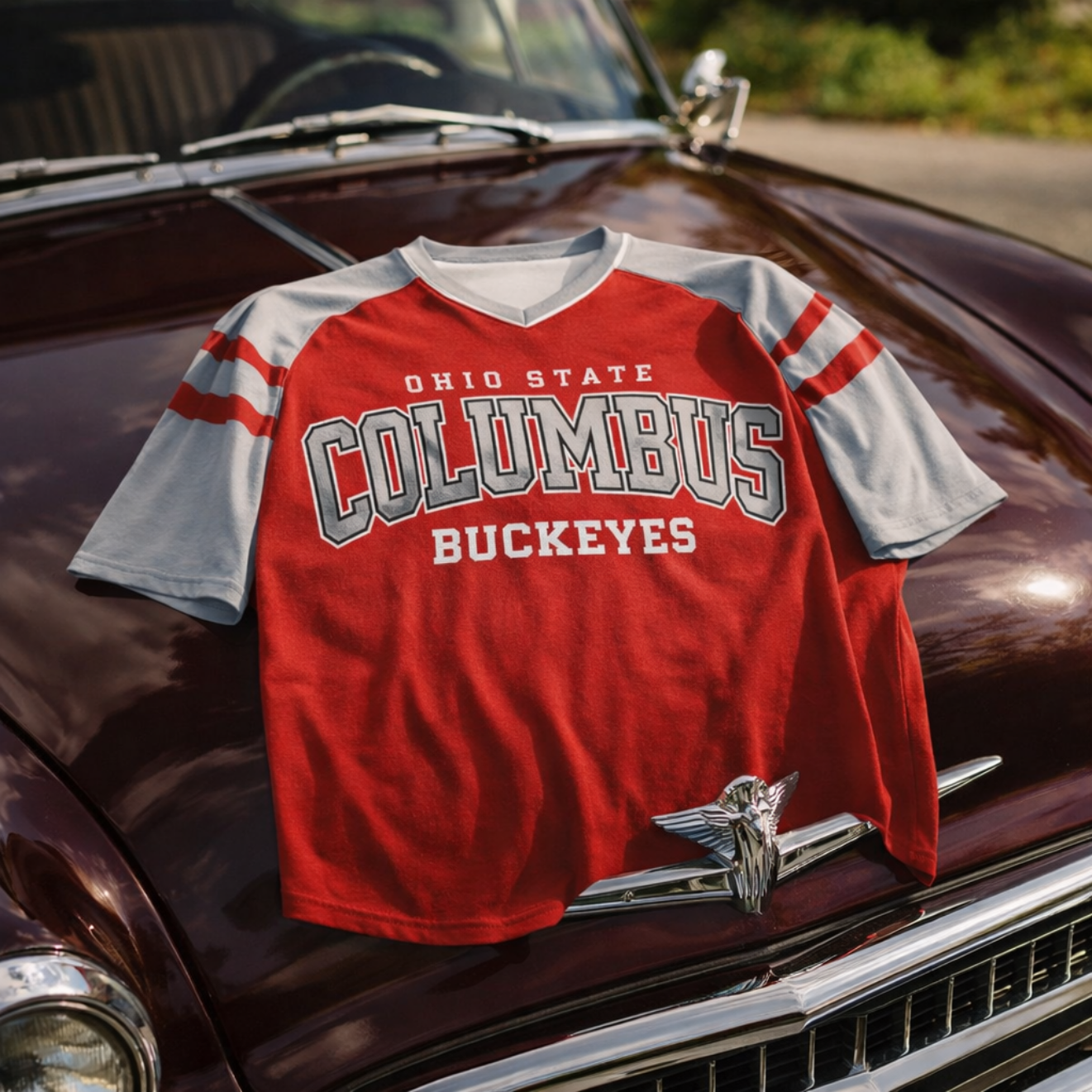 Columbus Buckeyes Red and Grey Football Shirt – Ohio State Style Retro Game Day V Neck Tee White game day varsity apparel