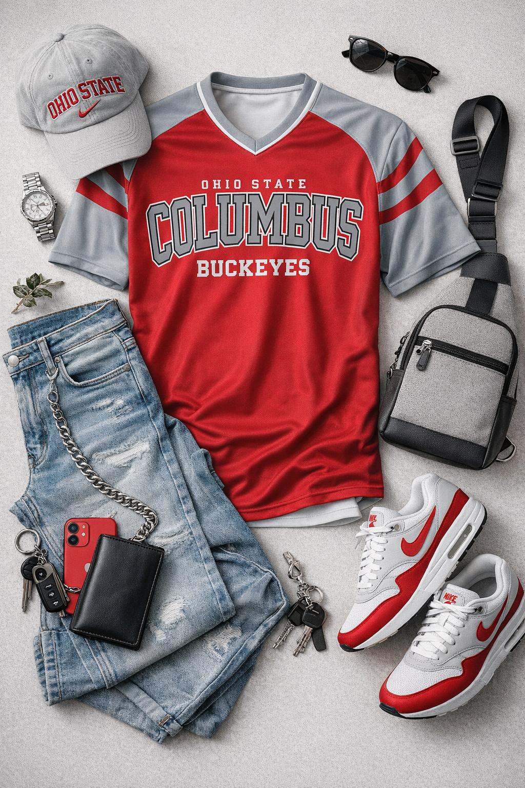 Columbus Buckeyes Red and Grey Football Shirt – Ohio State Style Retro Game Day V Neck Tee White game day varsity apparel