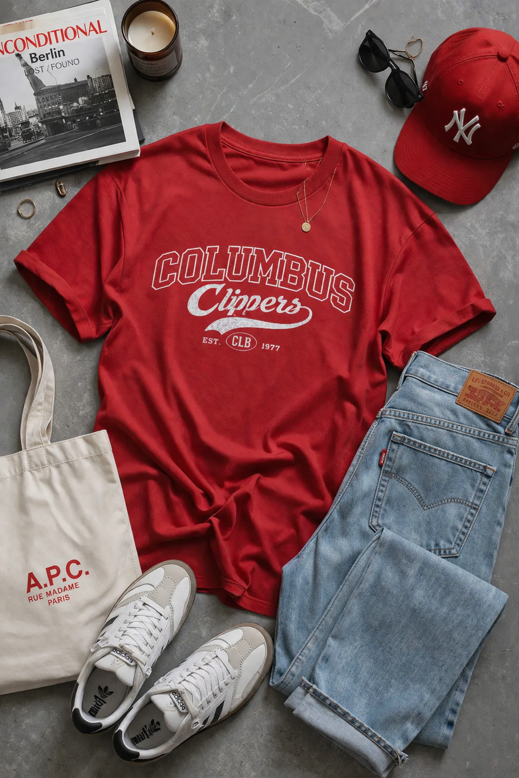 Red 'Columbus Clippers' t-shirt with jeans, sneakers, and a bag on a gray surface.