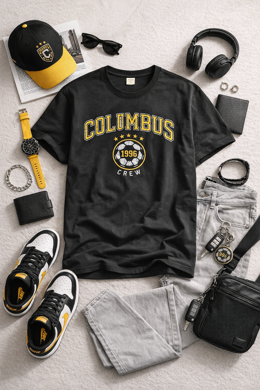 Black t-shirt with 'Columbus 1956' design, surrounded by casual items on a light surface.