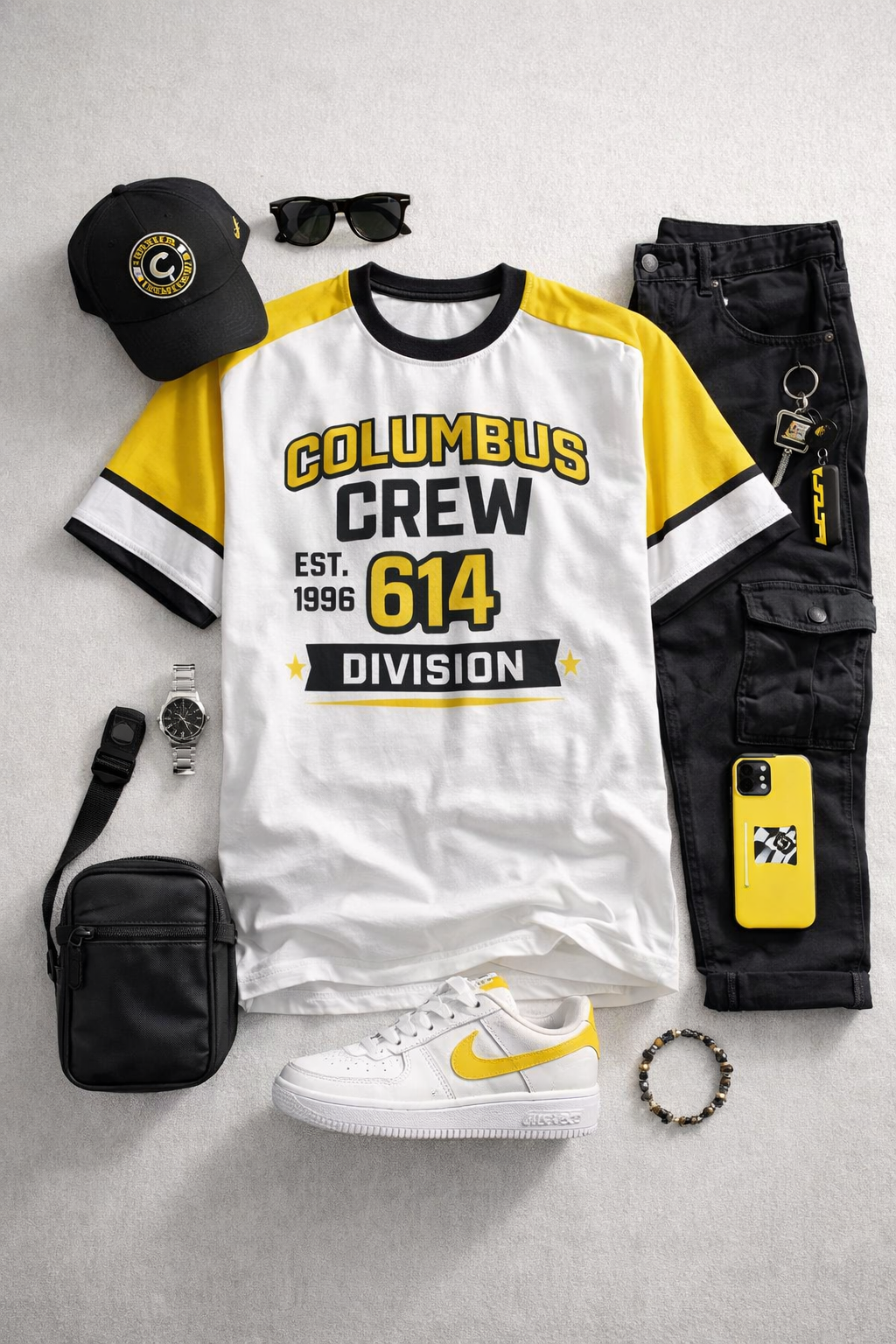 Columbus Crew sports jersey with matching accessories on a gray surface