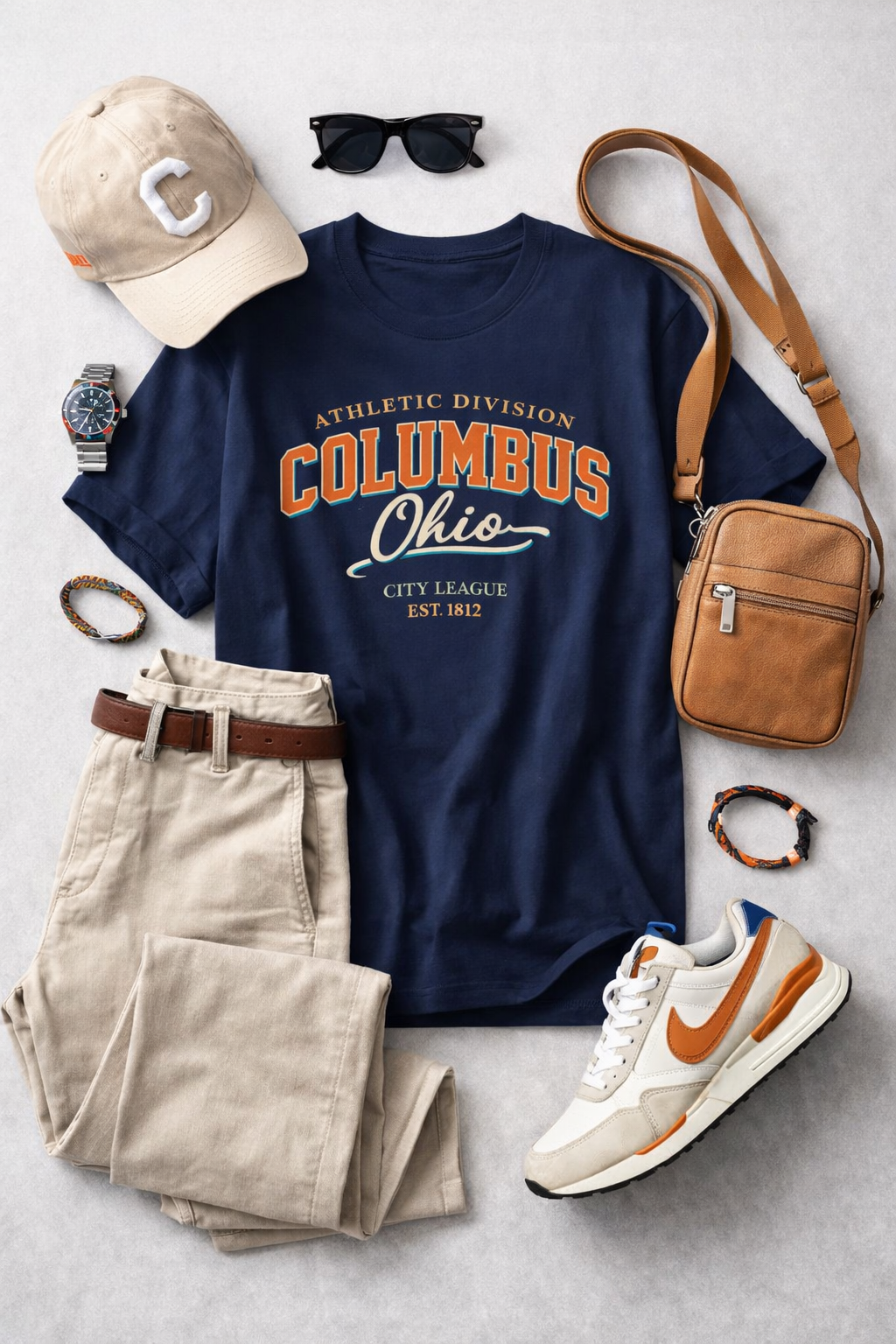 Navy t-shirt with 'Columbus, Ohio' text, beige pants, white sneakers, tan cap, sunglasses, and brown bag on a light gray background.