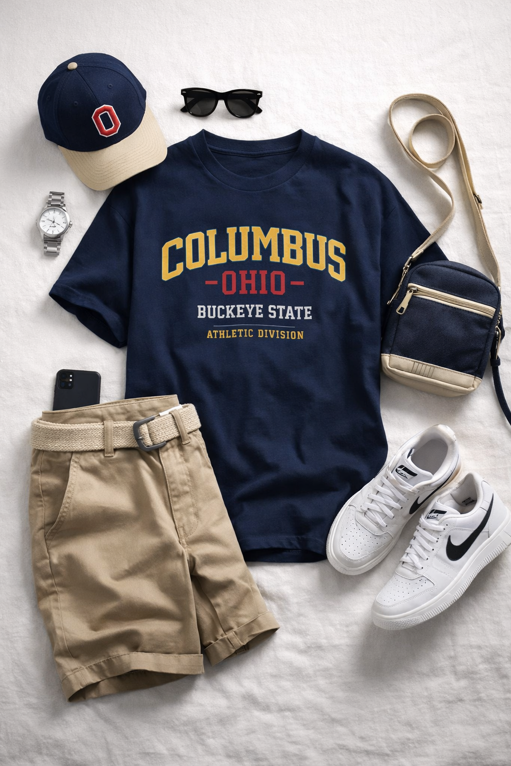 Navy t-shirt with 'Columbus, Ohio' text, beige shorts, white sneakers, cap, sunglasses, phone, watch, and crossbody bag on a light gray background.