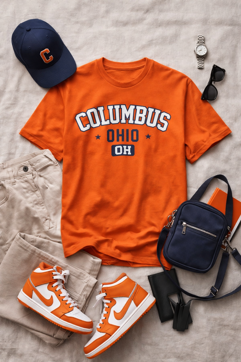 Orange t-shirt with 'Columbus Ohio' text, orange sneakers, blue cap, watch, sunglasses, and black bag on a gray surface.
