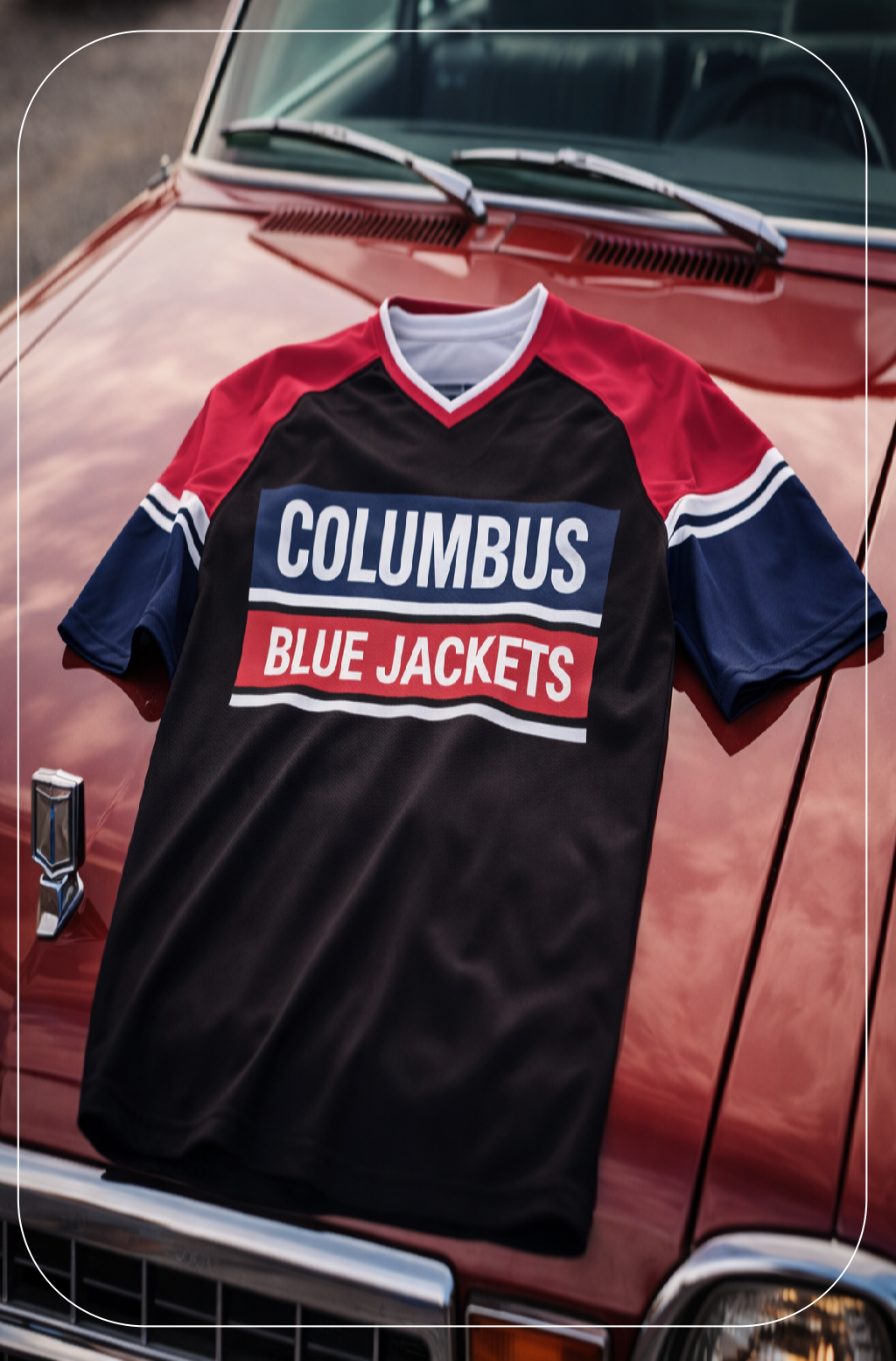 Columbus Blue Jackets jersey on a vintage car