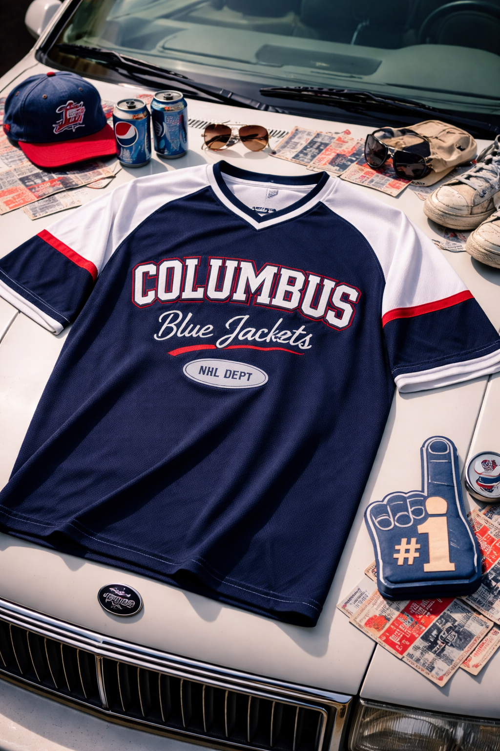 NHL Columbus Blue Jackets jersey on a car hood with accessories.