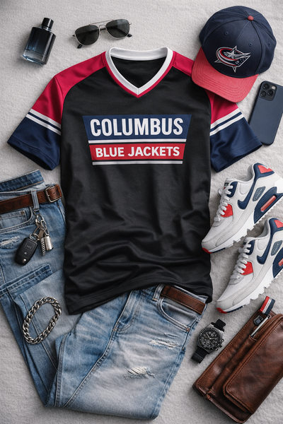 Columbus Blue Jackets sports jersey with accessories on a gray surface
