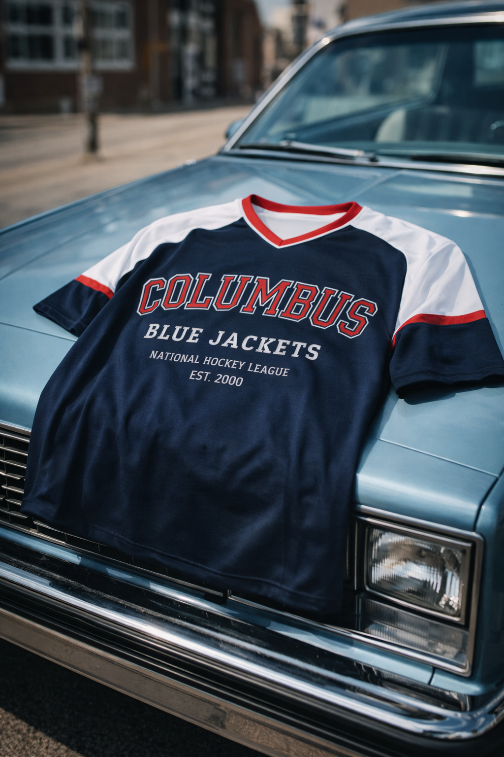 Columbus Blue Jackets jersey on a classic car