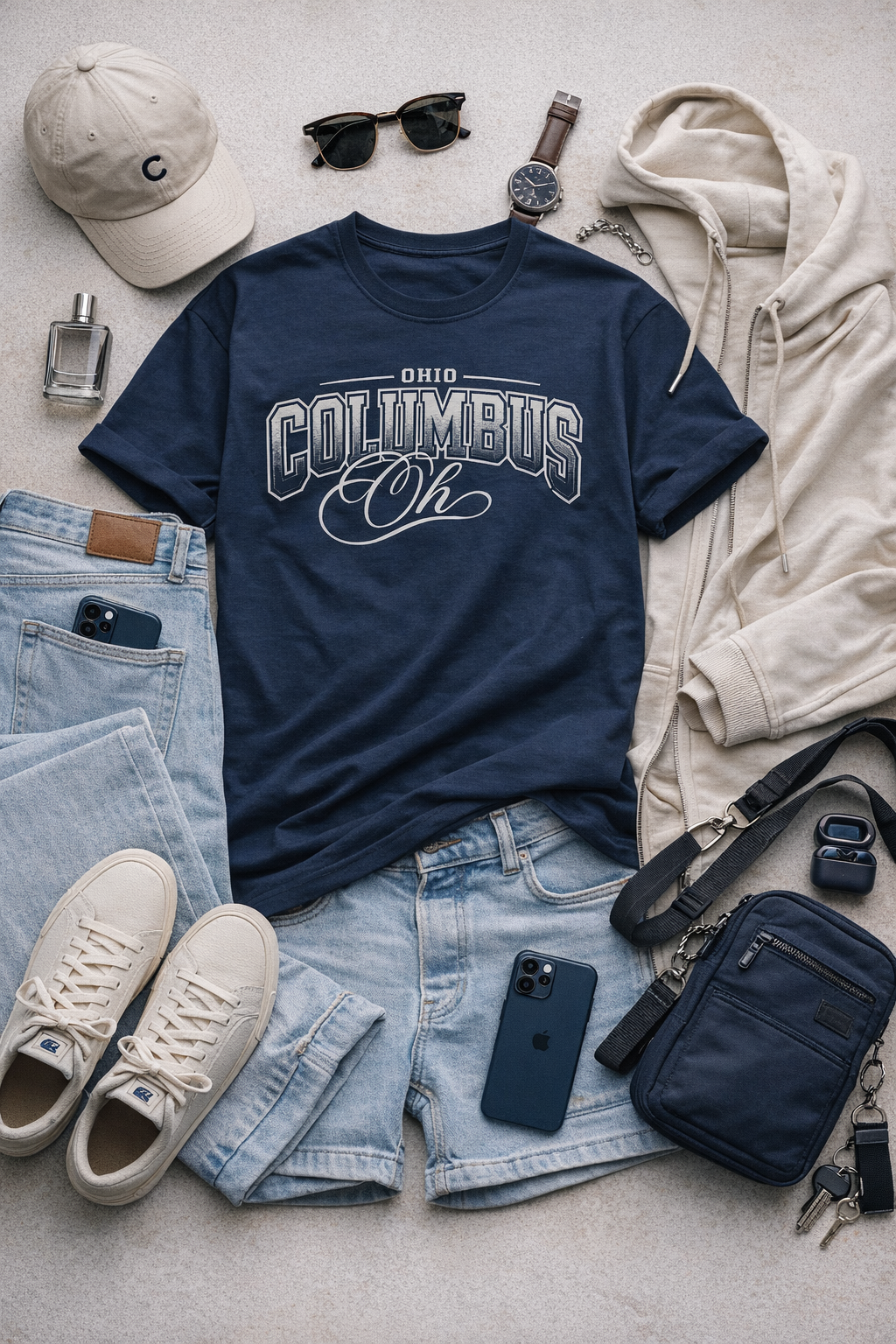 Navy t-shirt with 'Columbus, Oh' text, jeans, sneakers, and accessories on a light surface.