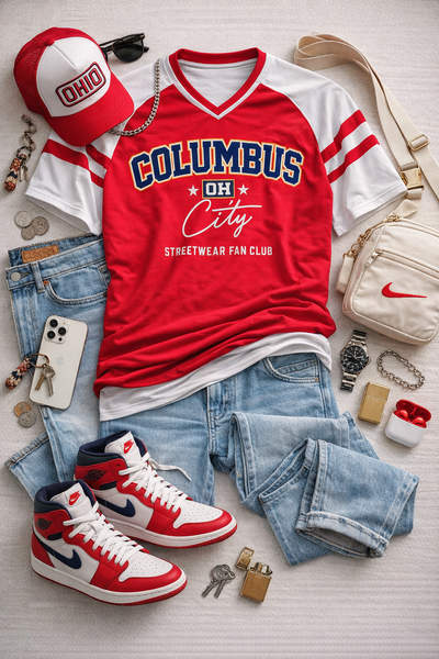 Red and white sports jersey with 'Columbus OH City' text, paired with jeans and sneakers on a light wooden surface.