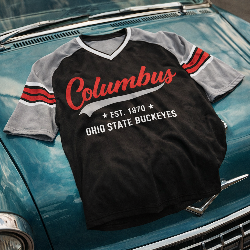 Columbus Ohio State Buckeyes Black and Grey Shirt – Retro Columbus Football V Neck Game Day Tee White game day varsity apparel