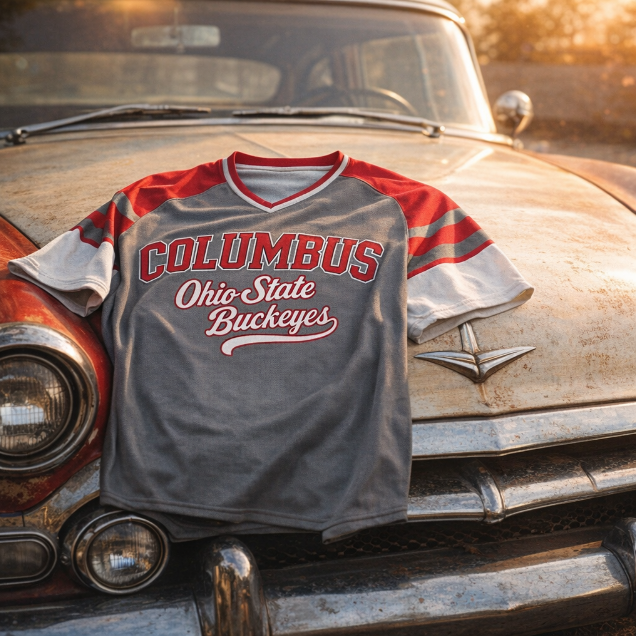Columbus Ohio State Buckeyes Grey and Red Shirt – Retro Columbus Football Fan V Neck Tee White game day varsity apparel