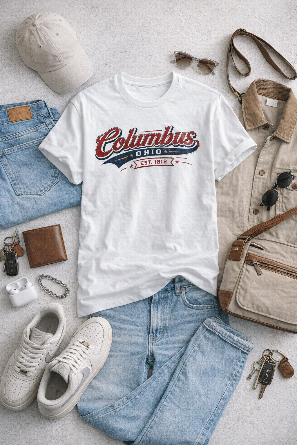 White t-shirt with 'Columbus, Ohio' design, paired with jeans, sneakers, and accessories on a light surface.