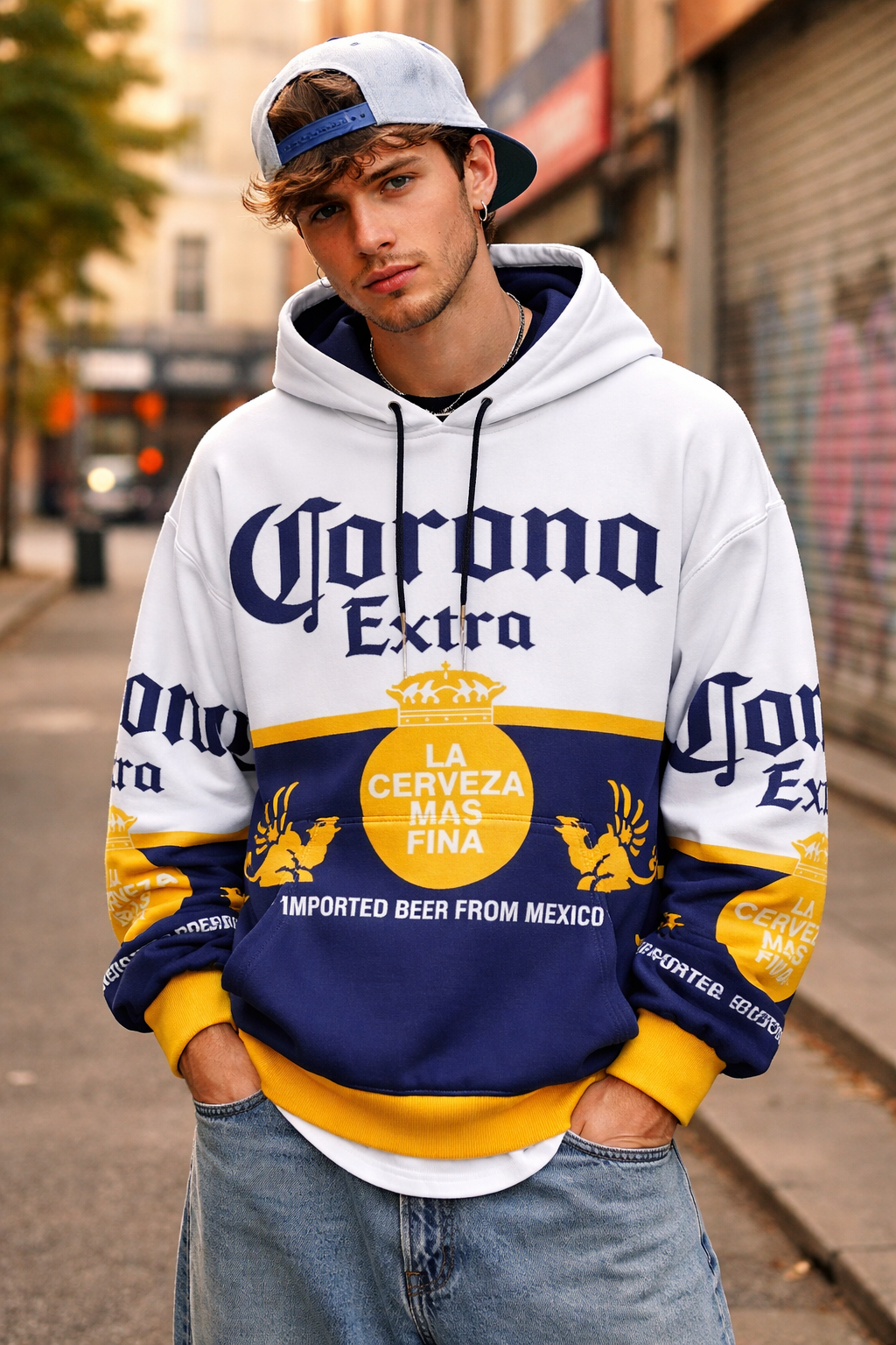 Person wearing a Corona Extra hoodie on a city street