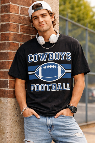 Black Cowboys Football T‑Shirt – Retro Striped Football Tee