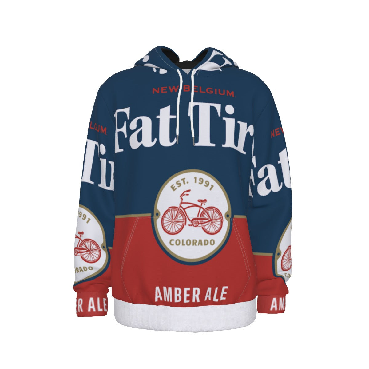 Hoodie with Fat Tire Brewing Company branding on a white background
