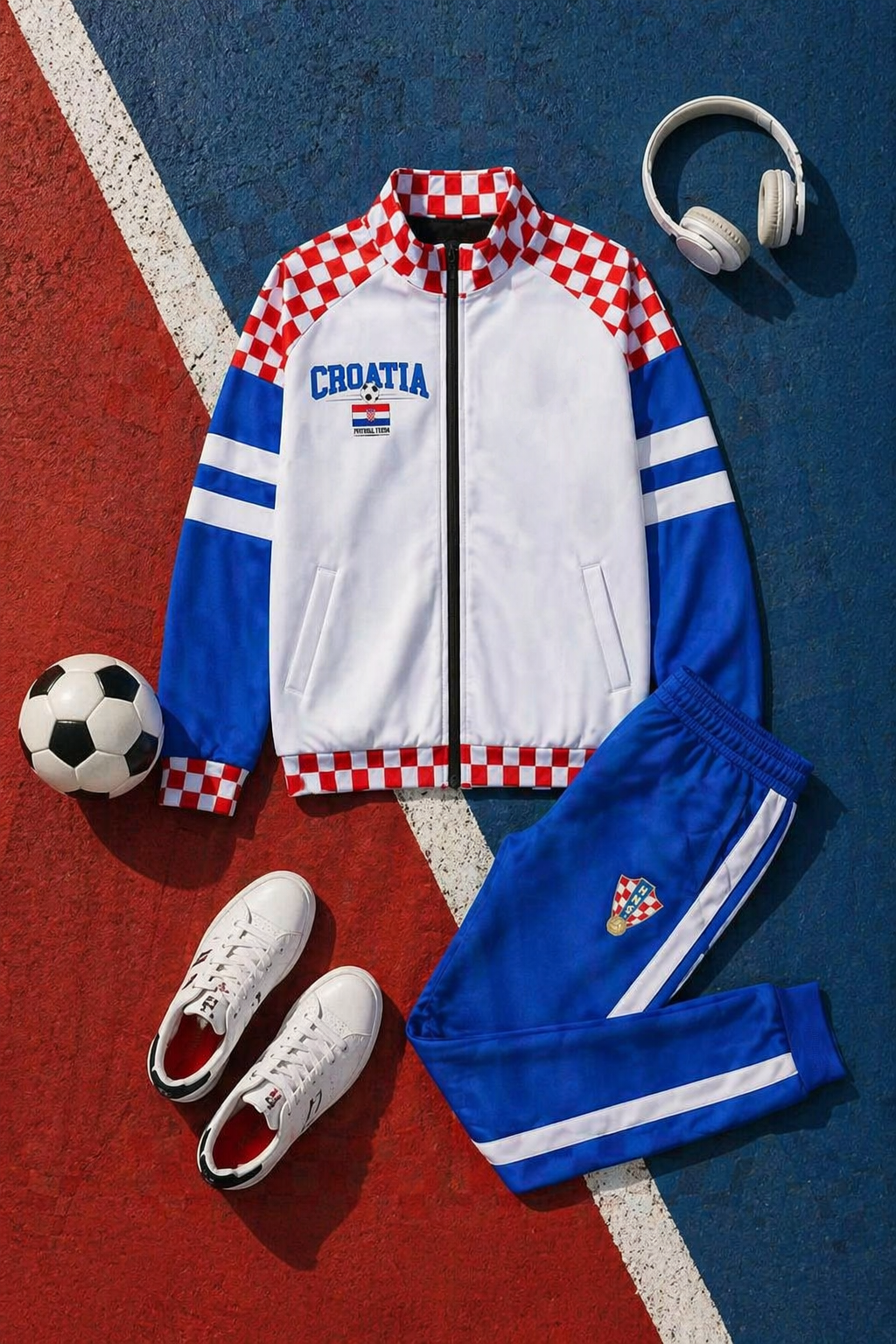 Croatia Inspired Checkered Football Track Jacket – Red White Blue Game Day Zip Up Jacket streetwear fashion product image 2