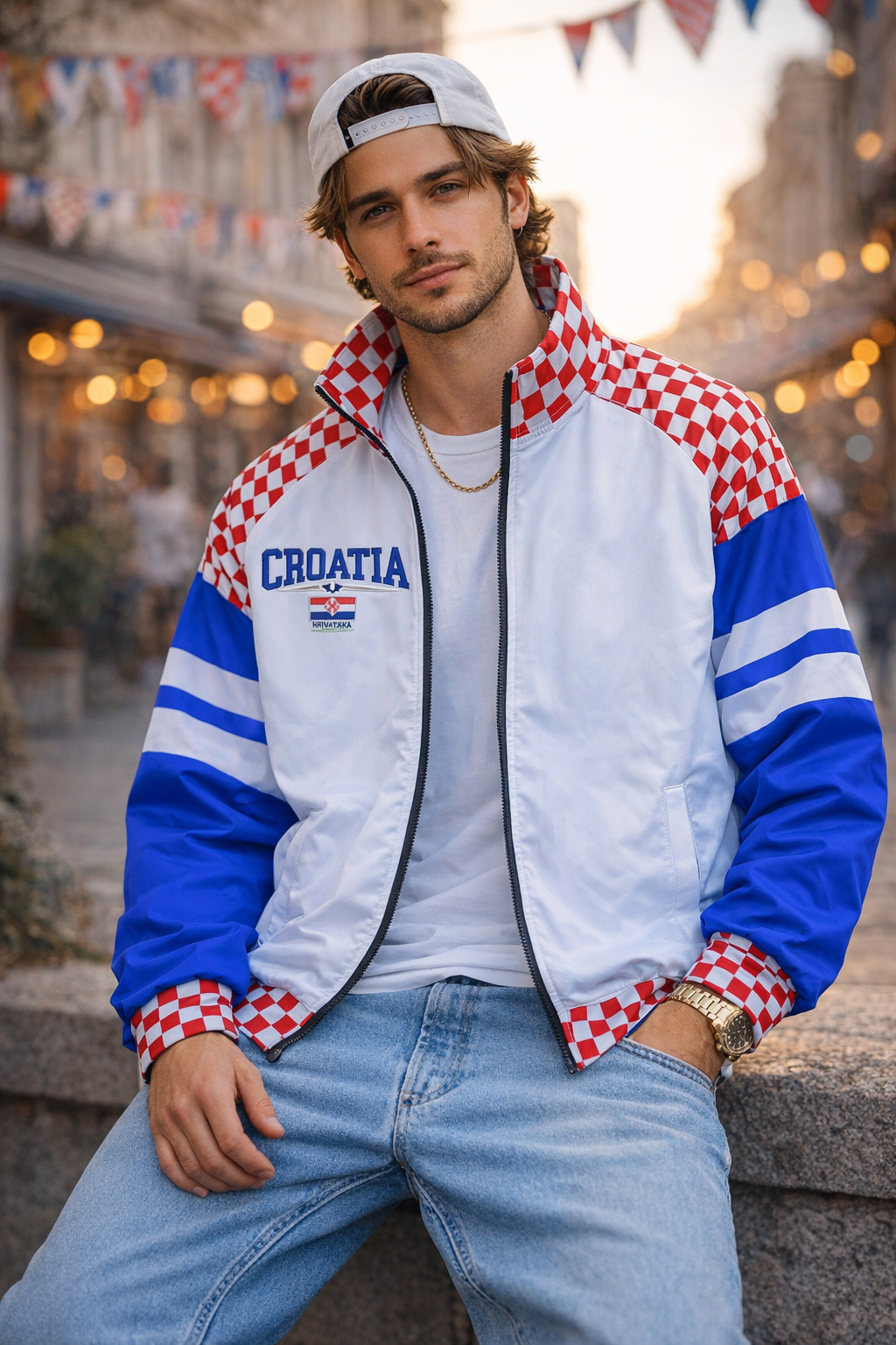 Croatia Inspired Checkered Football Track Jacket – Red White Blue Game Day Zip Up Jacket