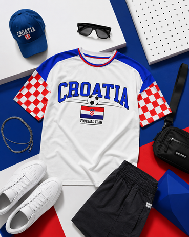Croatia-themed clothing and accessories including a t-shirt, cap, sunglasses, and shoes on a colorful background.