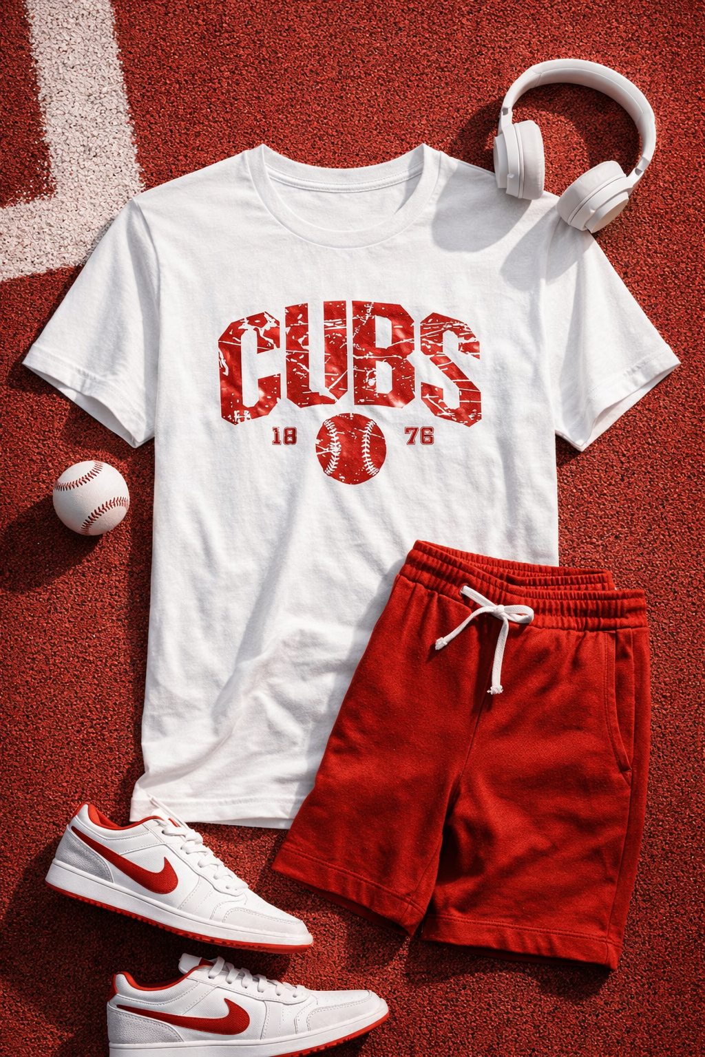 White t-shirt with 'Cubs' print, red shorts, white sneakers, and headphones on a red textured surface.
