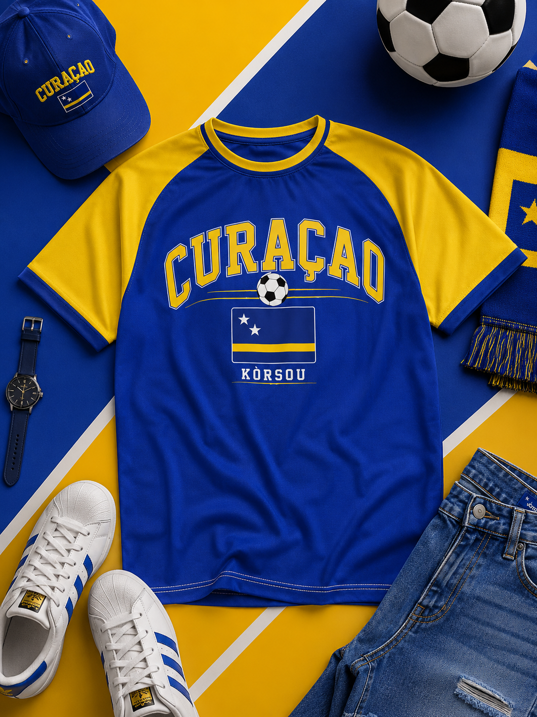 Blue and yellow 'Curacao' themed shirt with accessories on a blue and yellow background