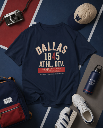 Navy blue t-shirt with 'Dallas 1845 Athl. Div.