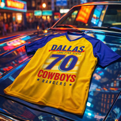 Yellow and blue sports jersey with 'Dallas' and 'Cowboys' text on a car hood at night.