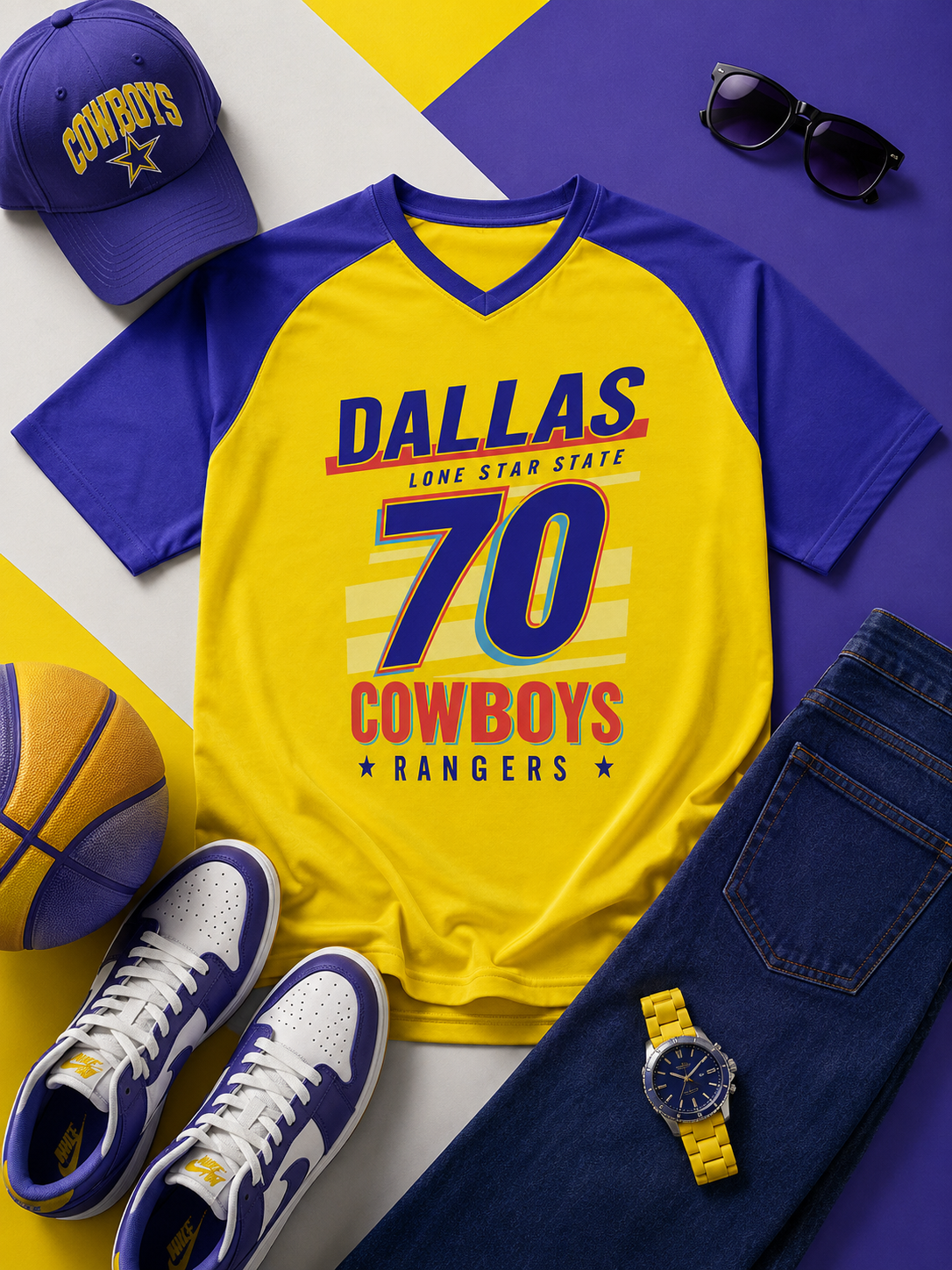 Yellow and blue sports-themed t-shirt with 'Dallas Cowboys' text, surrounded by accessories on a colorful background.