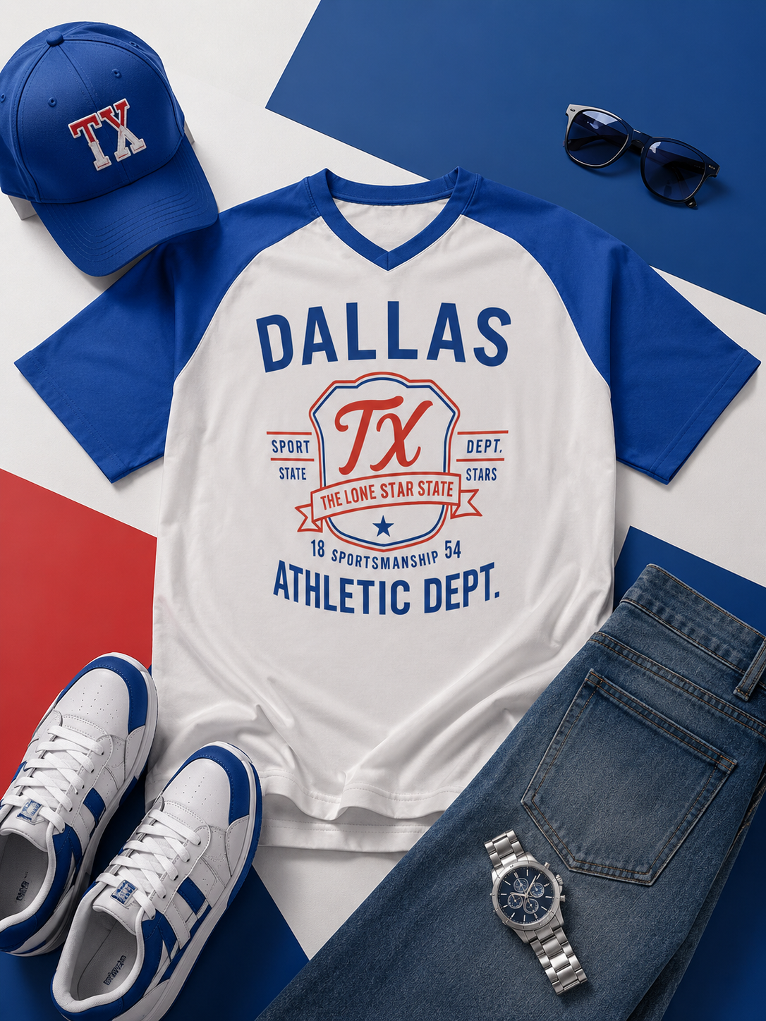 White and blue t-shirt with 'Dallas TX Athletic Dept.' design, surrounded by accessories on a colorful background.