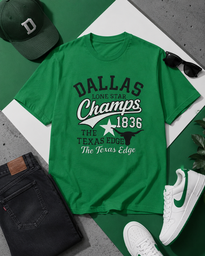 Green t-shirt with 'Dallas Lone Star Champs 1836' text, black cap, white sneakers, and sunglasses on a green and gray surface.