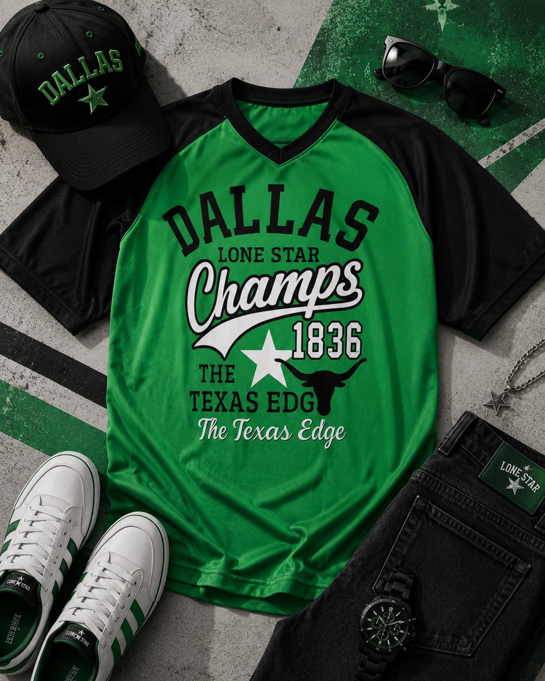 Dallas Champs Texas Edge T-Shirt Green and Black 