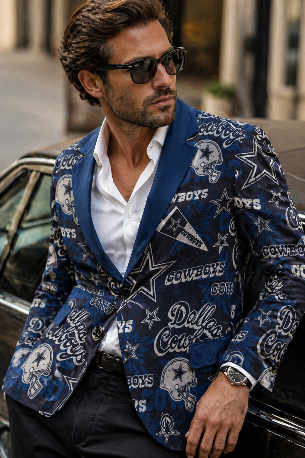 Man wearing a blue Dallas Cowboys blazer in an urban setting