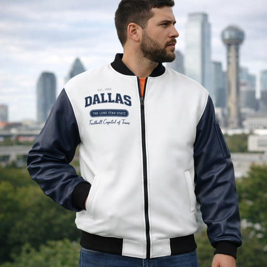 Man wearing a white and navy 'Dallas' jacket with city skyline in the background