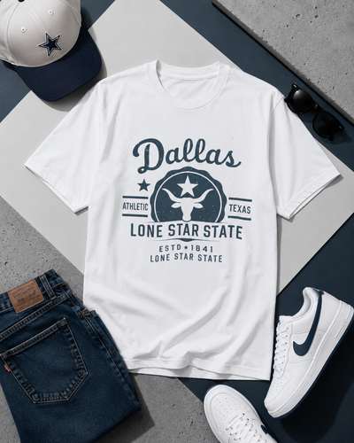 White t-shirt with 'Dallas Lone Star State' design, paired with jeans, a cap, and sneakers on a concrete surface.