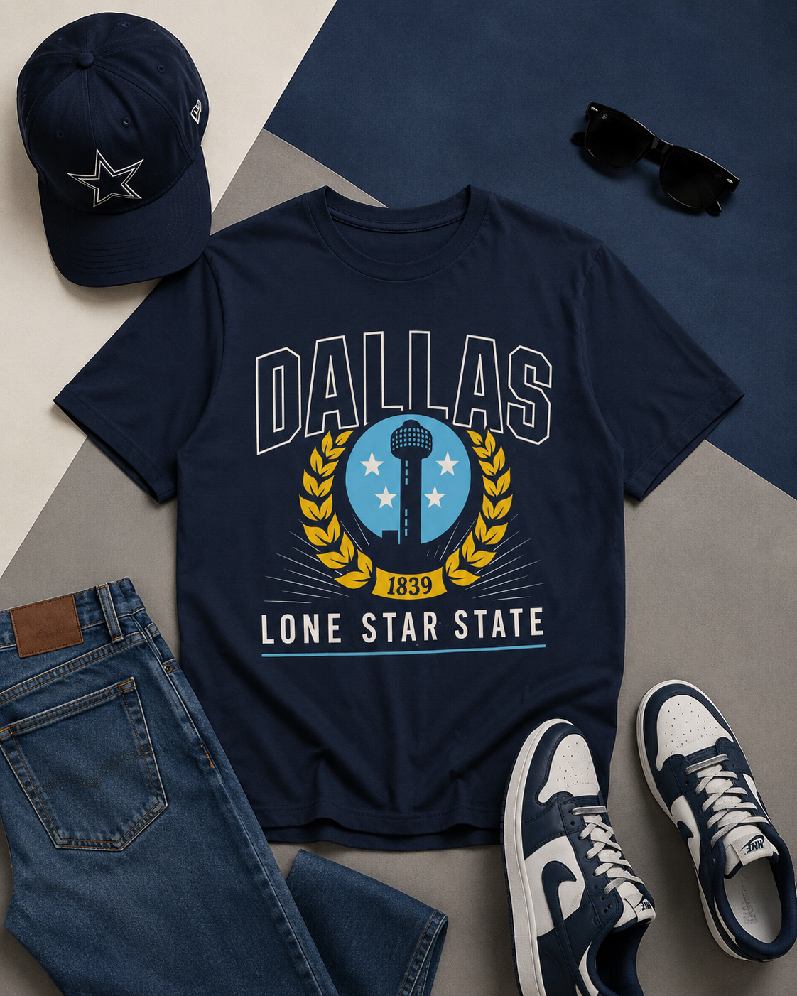 Navy blue t-shirt with 'Dallas Lone Star State' design, accompanied by a cap, jeans, sneakers, and sunglasses on a geometric background.