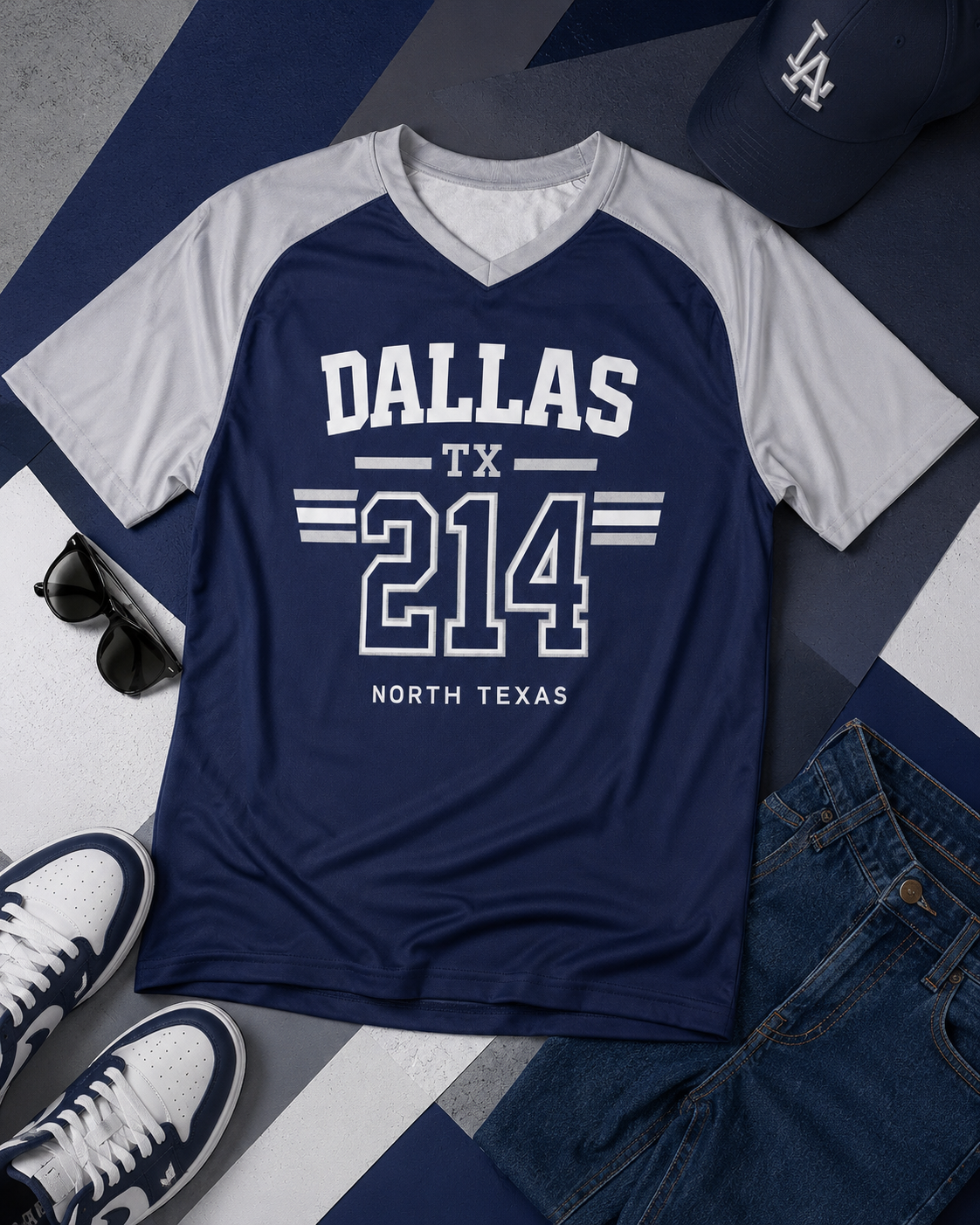 Navy and gray t-shirt with 'Dallas TX 214' print on a blue and gray striped background.