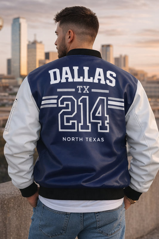 Person wearing a blue and white jacket with 'Dallas TX 214 North Texas' text, standing against a cityscape.