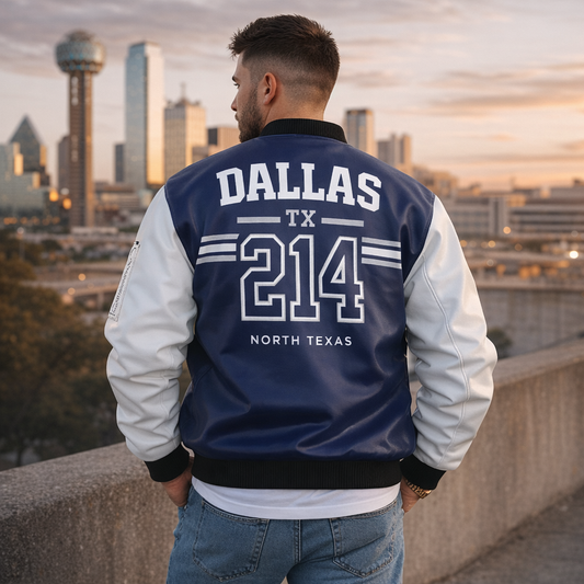 Man wearing a blue and white jacket with 'Dallas TX 214' text, standing against a city skyline.